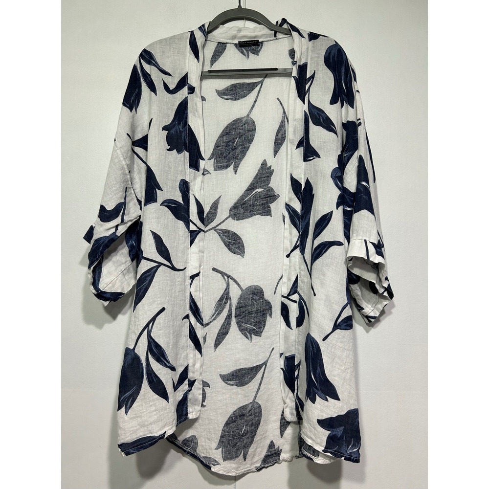 Luca Vanucci Linen Cardigan Women S White Blue Floral Made In Italy Resortwear